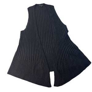 Eileen Fisher Open Sleeveless Cardigan Vest Large Merino Wool Black Quiet Luxury